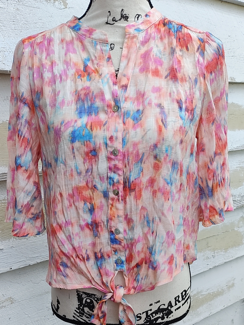 Nanette Lepore Pink, Blue and Orange Watercolor Tie-Front Button-Down Blouse